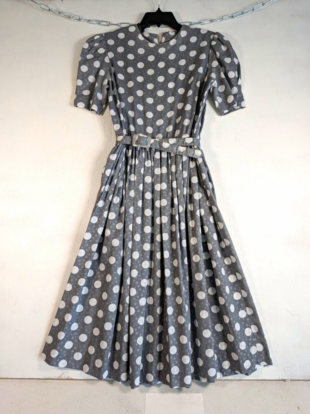 Vintage Gray Polka Dot Pleated Midi Dress Belted Puff Sleeve Sz 6 Jonathan Berke
